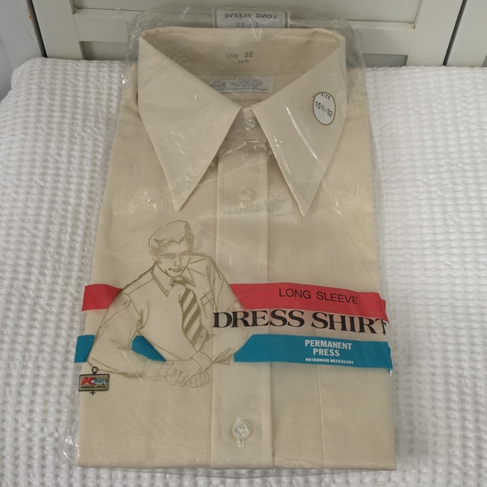 Vtg Kmart Long Sleeve Shirt NOS 15½ 70s Permanent Press Off White Deadstock
